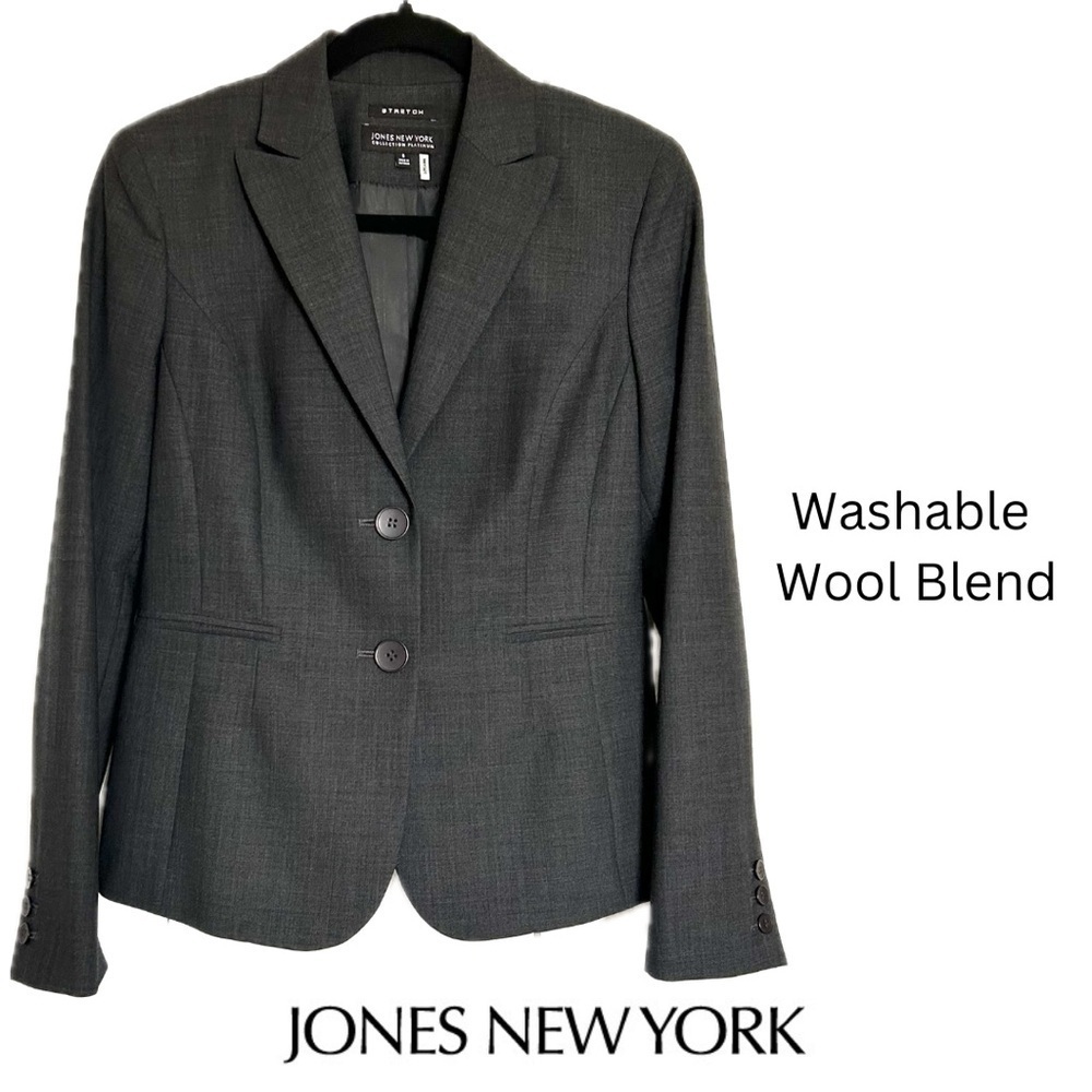 Jones New York Charcoal Washable Stretch Wool Blazer Platinum Collection Size 6